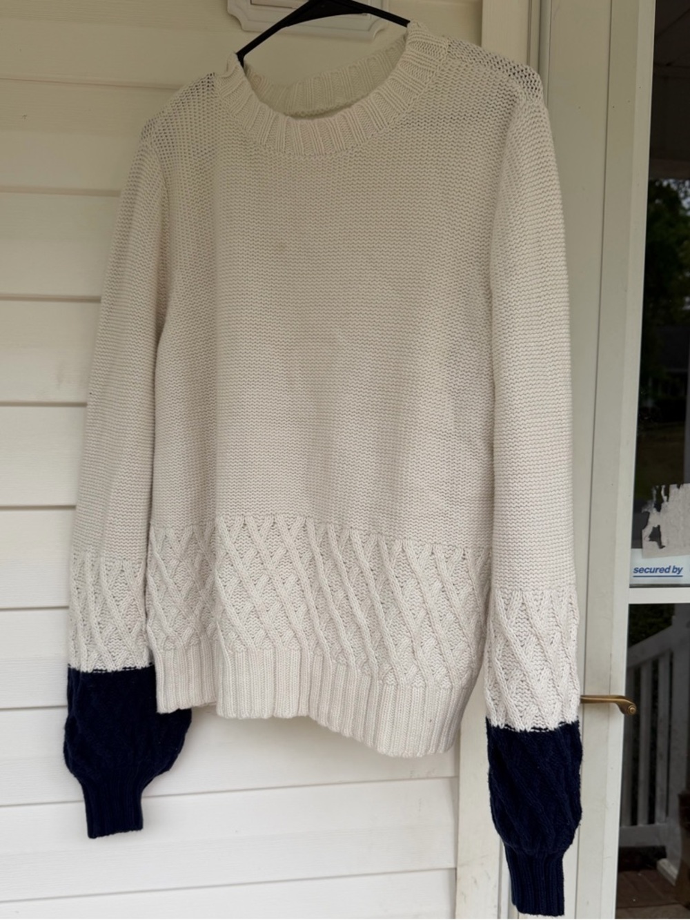 crown & ivy Cream Crewneck Sweater with Navy Sleeve Tips